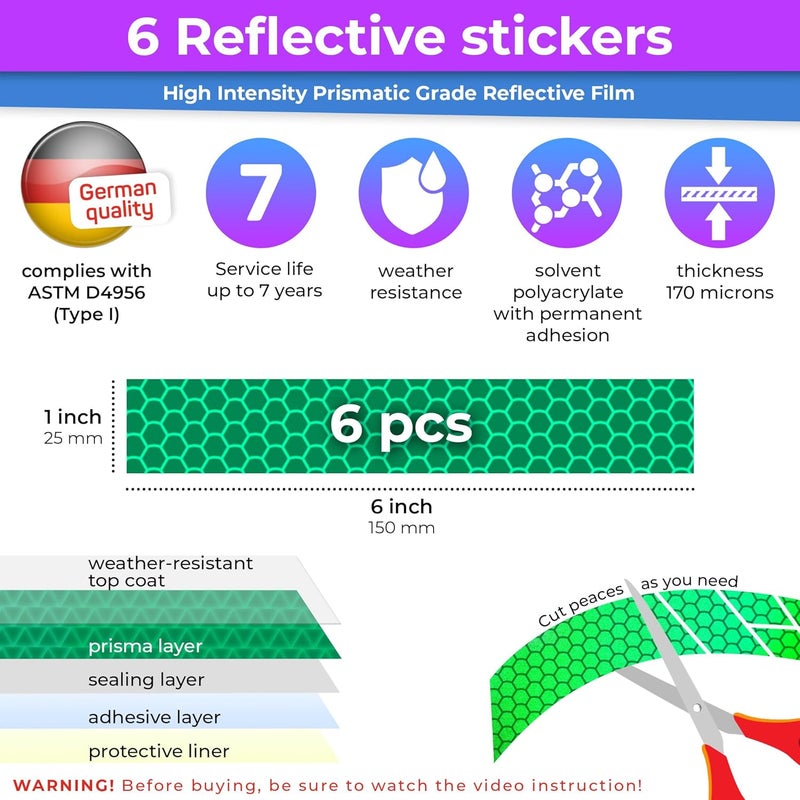 Loom Reflective Stickers for Helmet | 6pcs Prism Green | Similar to 3M Reflective Tape | Bike Reflectors for Night Riding, Mailbox reflectors | Waterproof hi vis Decals for Car, Trailer - Image 3